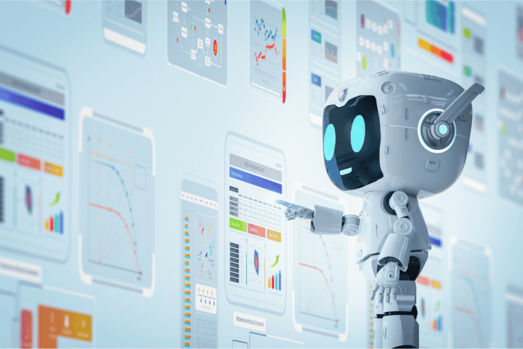 an illustration of a small cute robot touching a data sheet on a digital screen