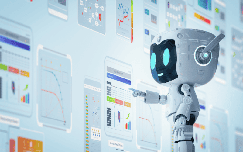 an illustration of a small cute robot touching a data sheet on a digital screen