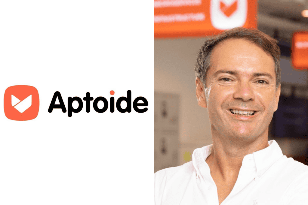 aptoide logo on the left, Paulo Trezentos photo on the right