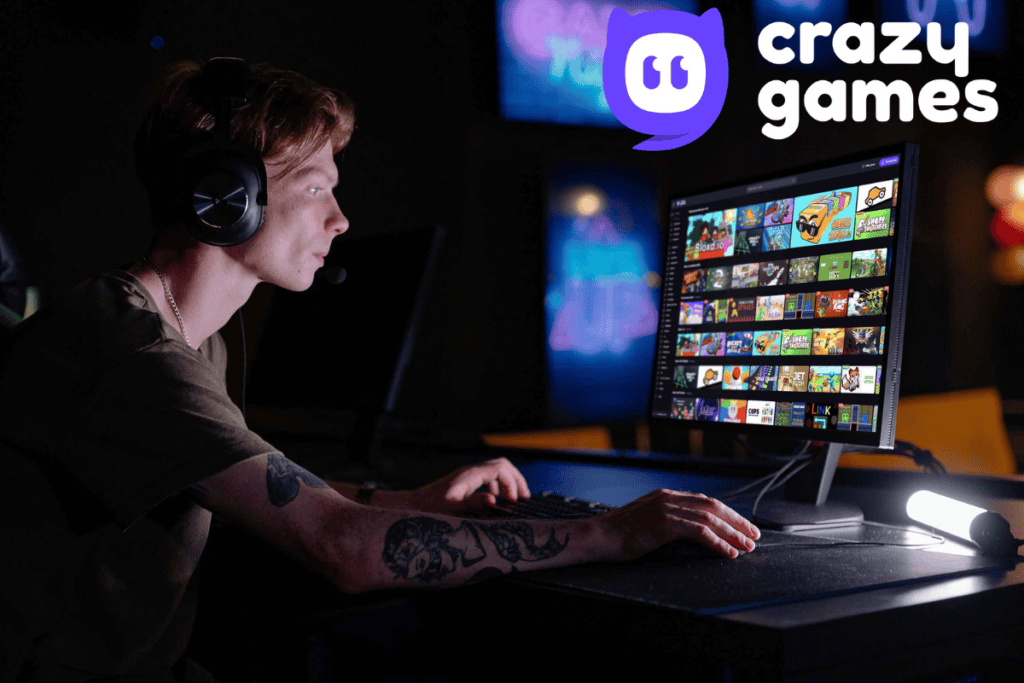 a young adult male playing games on crazygames website, crazygames logo is on top right side
