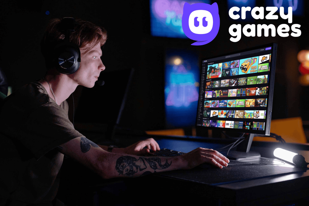 a young adult male playing games on crazygames website, crazygames logo is on top right side