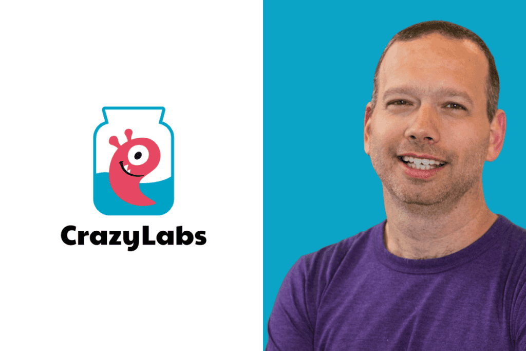 CrazyLabs logo on th left, Sagi Schliesser photo on the right