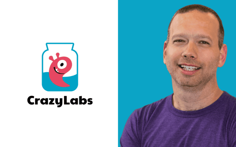 CrazyLabs logo on th left, Sagi Schliesser photo on the right