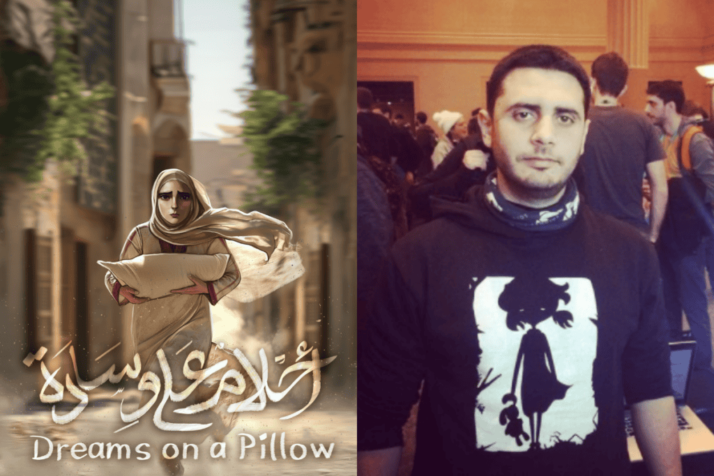 dreams on a pillow oyun konsept fotoğrafı sol tarafta, oyunun tasarımcısı Rasheed Abueideh'in fotoğrafı sağ tarafta
