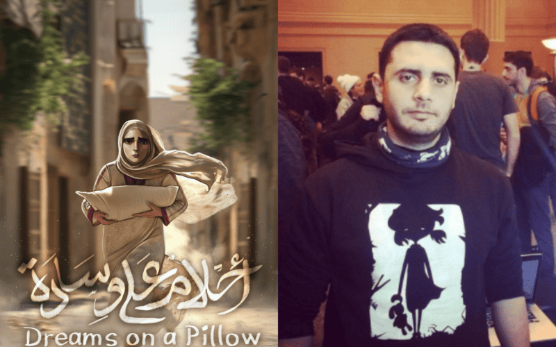 dreams on a pillow oyun konsept fotoğrafı sol tarafta, oyunun tasarımcısı Rasheed Abueideh'in fotoğrafı sağ tarafta