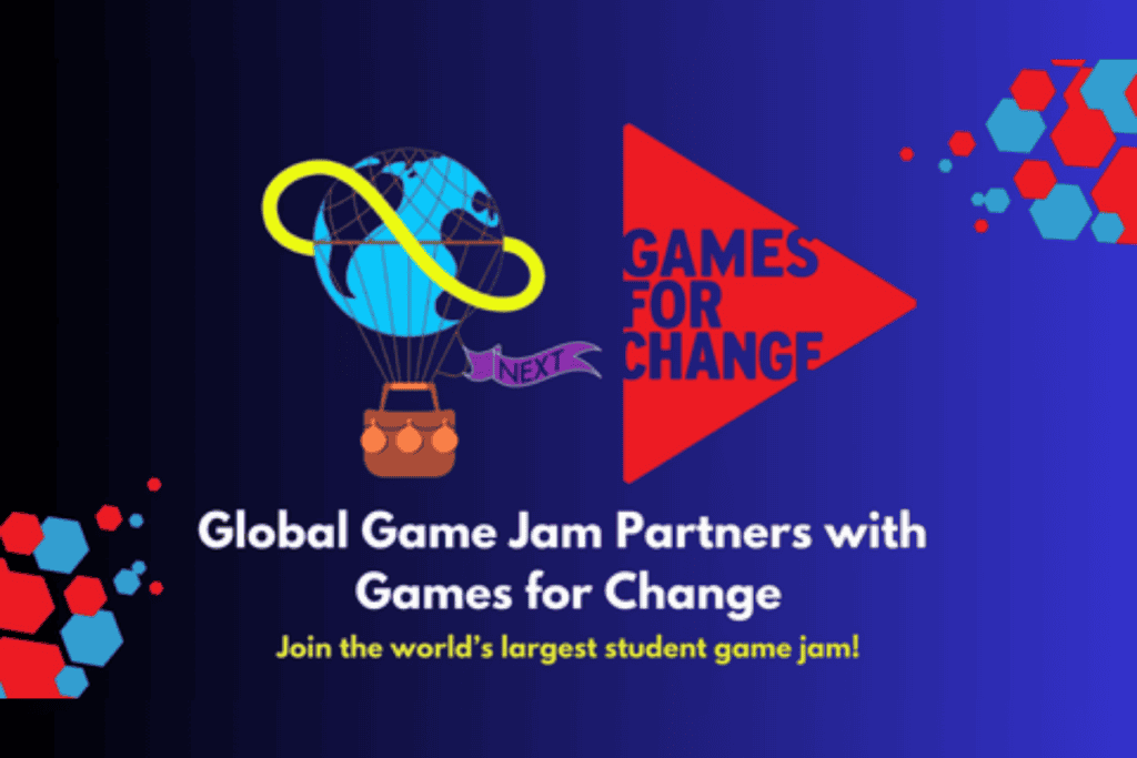global game jam poster image shows an air balloon, connected to a world on top and games for change logo on it2s right