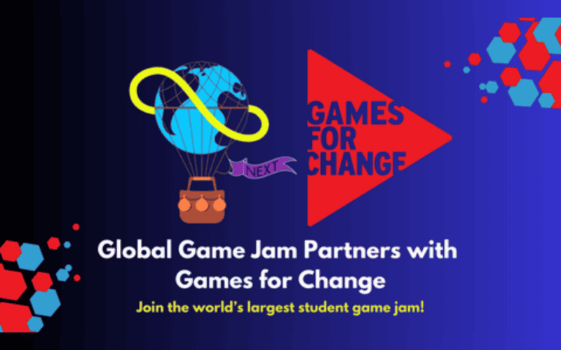global game jam poster image shows an air balloon, connected to a world on top and games for change logo on it2s right