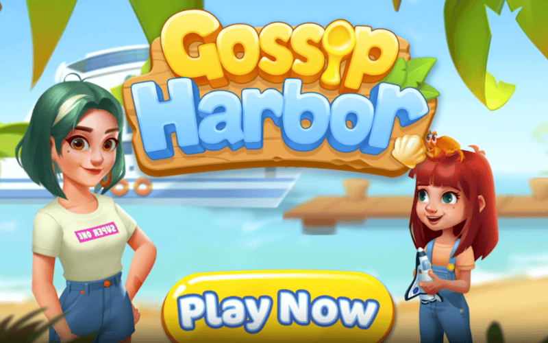 Gossip Harbor cover art showcases an island like place and two female characters one young woman one young kid, at the bottom there is a "play now" button