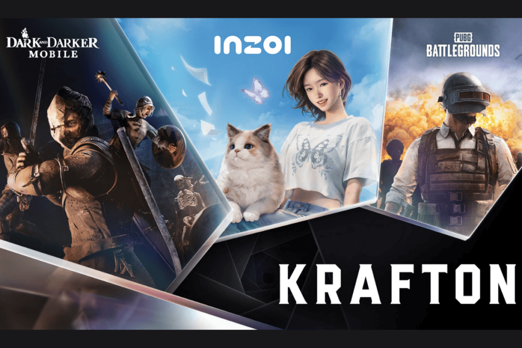 KRAFTON games shows dark and darker mobile, INZOI, and PUBG Battlegrounds games cover art with KRAFTON logo
