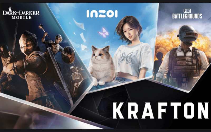 KRAFTON games shows dark and darker mobile, INZOI, and PUBG Battlegrounds games cover art with KRAFTON logo
