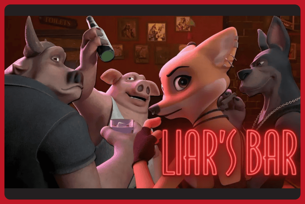 Liar's Bar cover art 4 farklı oyun karakterini bir bar içerisinde oyun oynarken ve eğlenirken gösteriyor.
