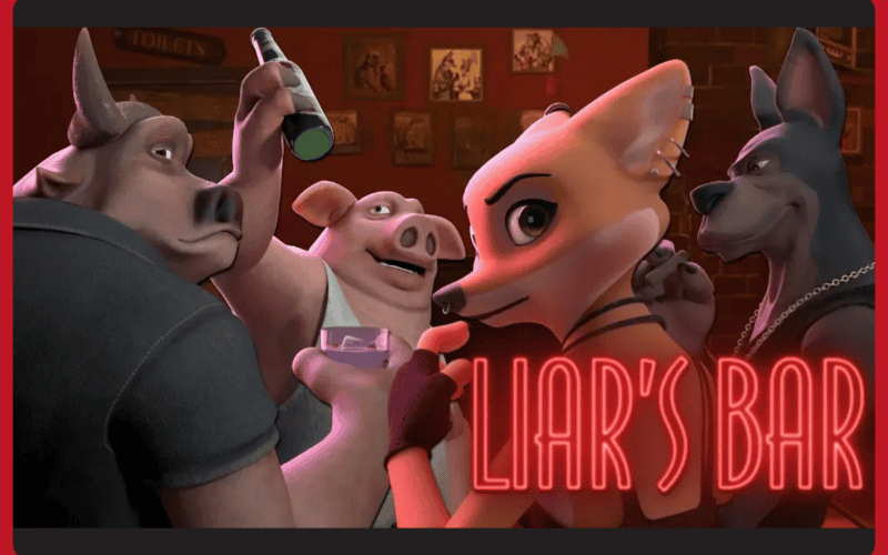 Liar's Bar cover art 4 farklı oyun karakterini bir bar içerisinde oyun oynarken ve eğlenirken gösteriyor.