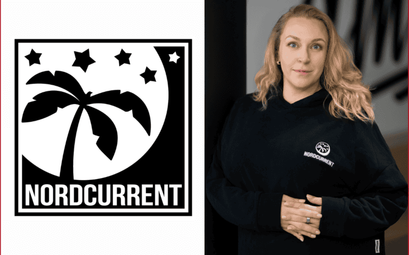 nordcurrent logo on the left, Ada Mockutė Jaime photo on the right
