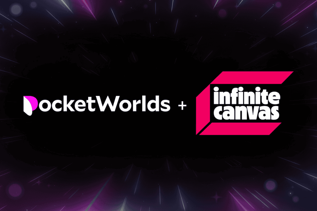 pocket worlds logo on the left, infinite canvas logo on the right on a black background