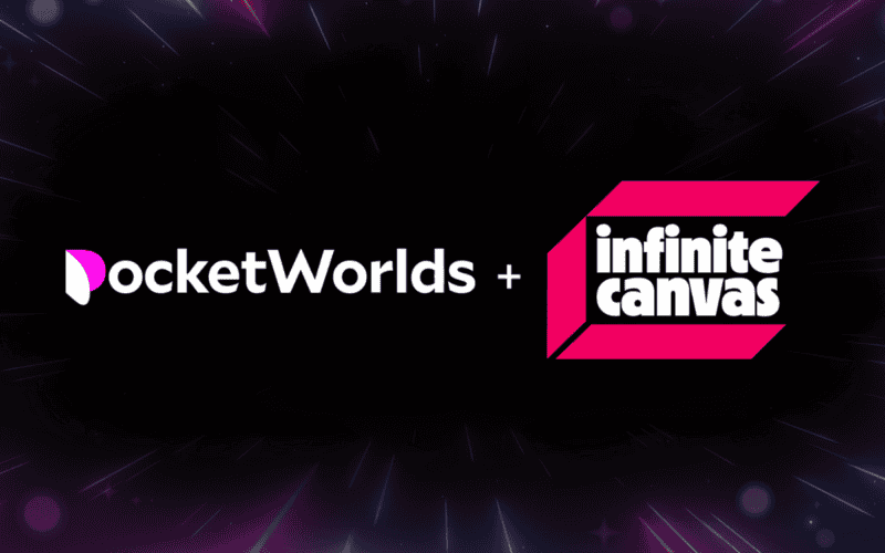 pocket worlds logo on the left, infinite canvas logo on the right on a black background