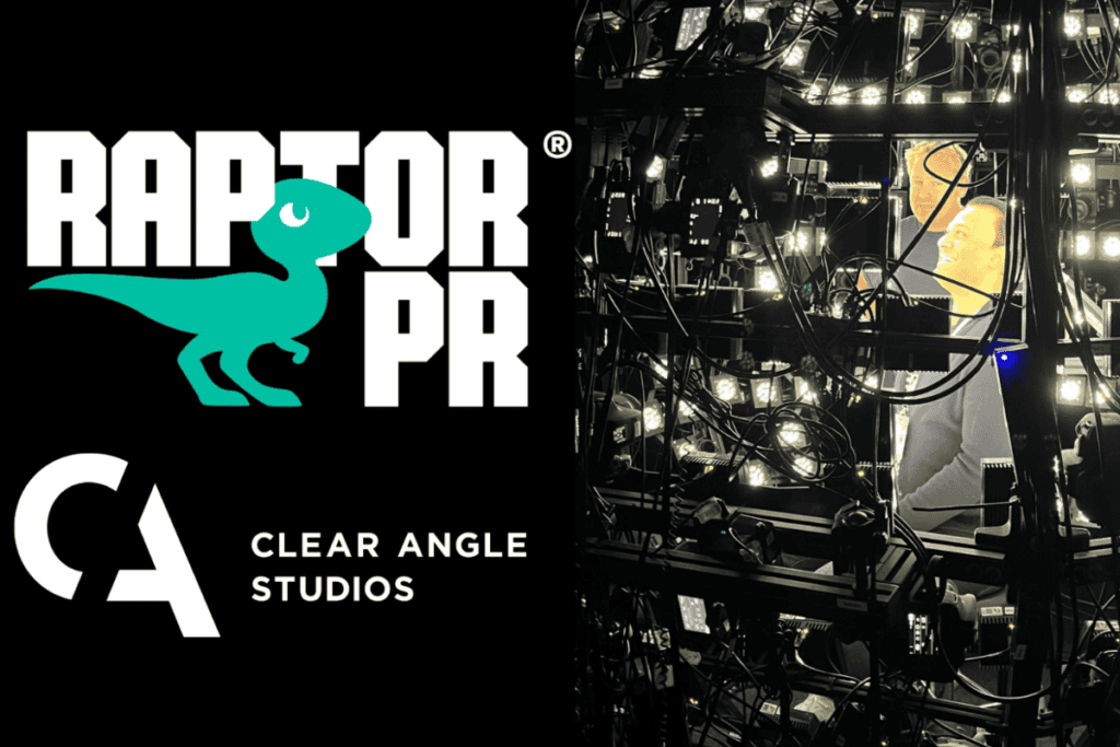 raptor pr and clear angle studios logos on the left side of the image, a photo of 2 males in a camera booth inside clear angle studios'