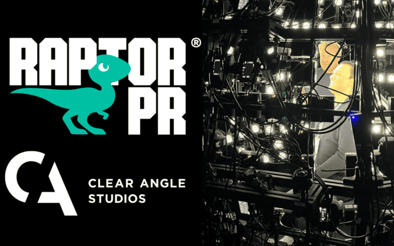 raptor pr and clear angle studios logos on the left side of the image, a photo of 2 males in a camera booth inside clear angle studios'