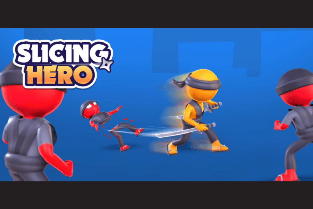Enderun Studios tarafından geliştirilen Slicing Hero cover art'ı, hyper casual stilinde turuncu bir ninja karakterin, kırmızı askerleri biçtiğini gösteriyor