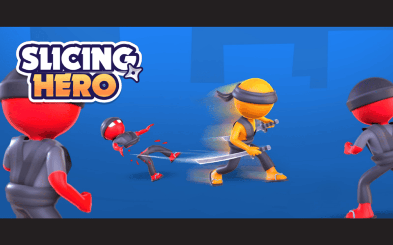Enderun Studios tarafından geliştirilen Slicing Hero cover art'ı, hyper casual stilinde turuncu bir ninja karakterin, kırmızı askerleri biçtiğini gösteriyor