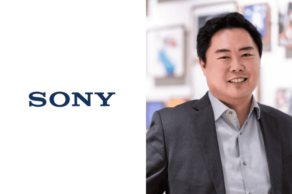sony logo on the left, photo of hideaki nishino on the right