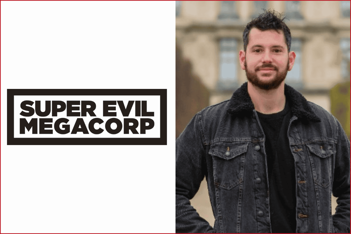 super evil megacorp logo on the left, ian fielding photo on the right