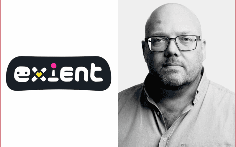 exient logo on the left, paul topping photo on the right