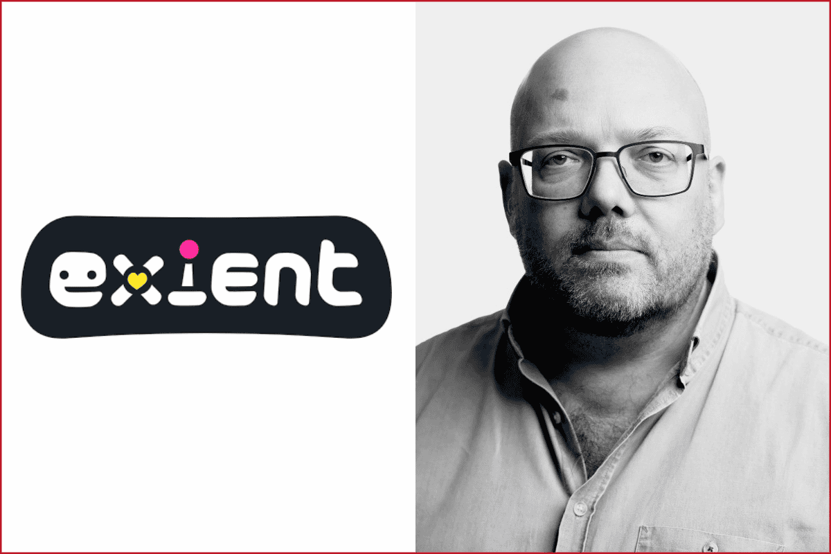 exient logo on the left, paul topping photo on the right