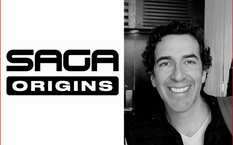 saga origins logo on the left, fernando Vasconez photo on the right