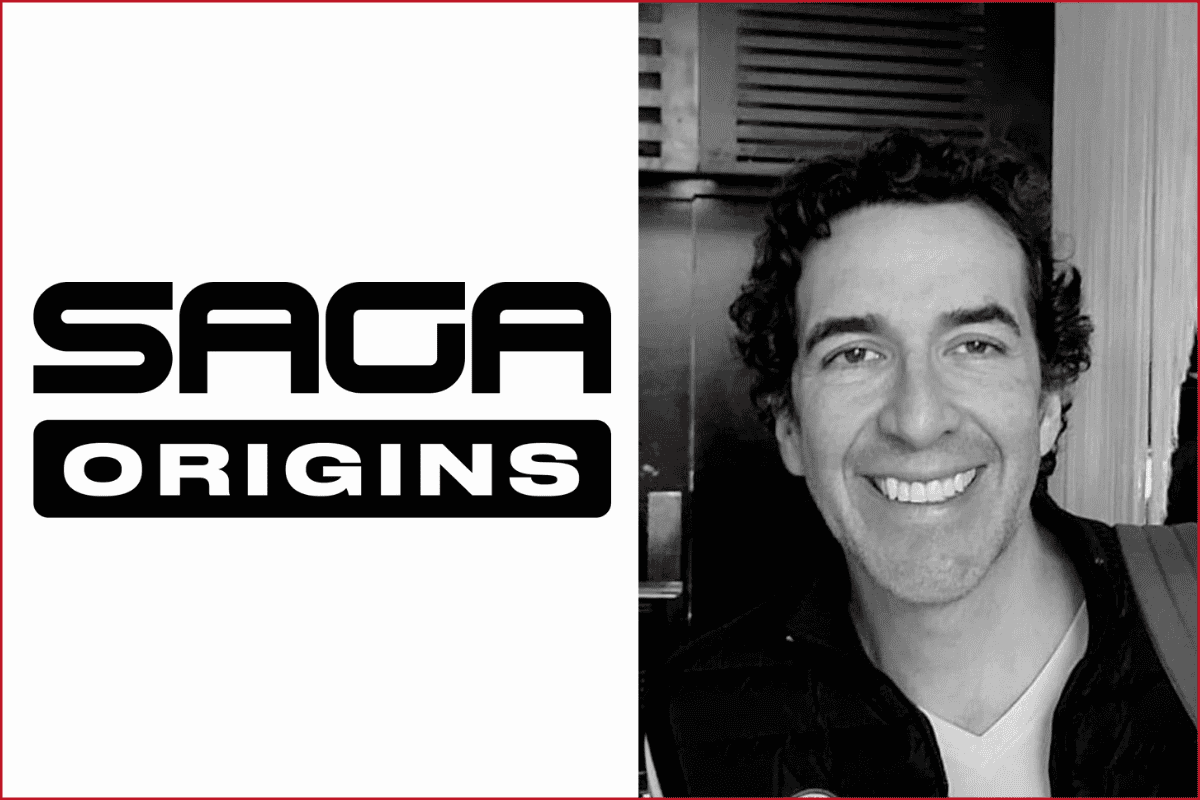 saga origins logo on the left, fernando Vasconez photo on the right