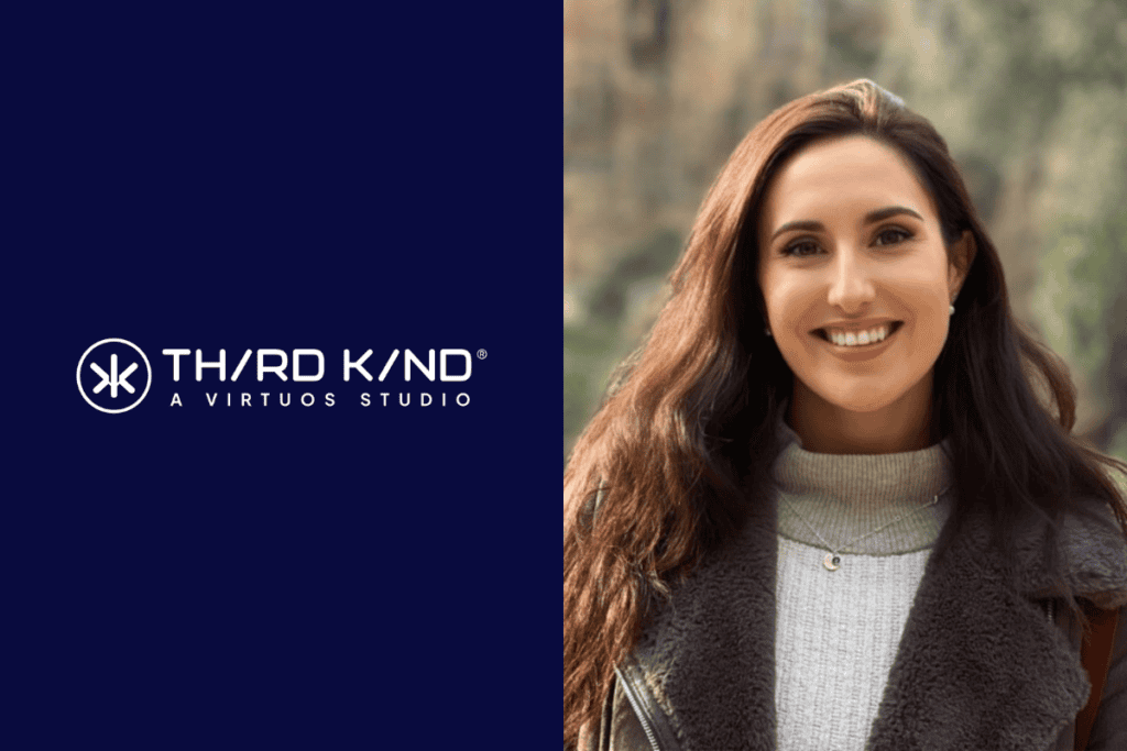 third kind studio logo on the left, Vicky Wilson-Theaker photo on the right