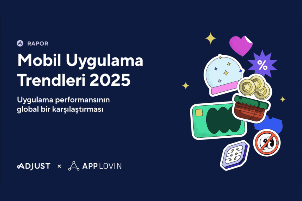 mobil uygulama trendleri 2025 görseli, adjust ve applovin logoları