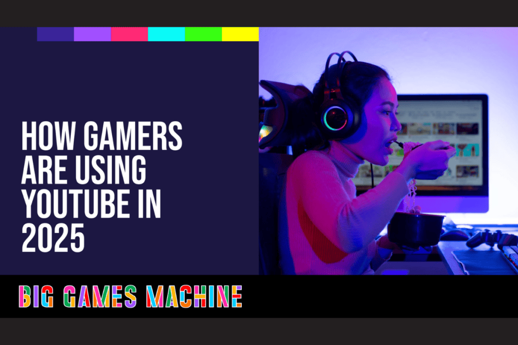 How gamers use YouTube in 2025 text on the left, a photo of a girl eating dinner while watching youtube on the right