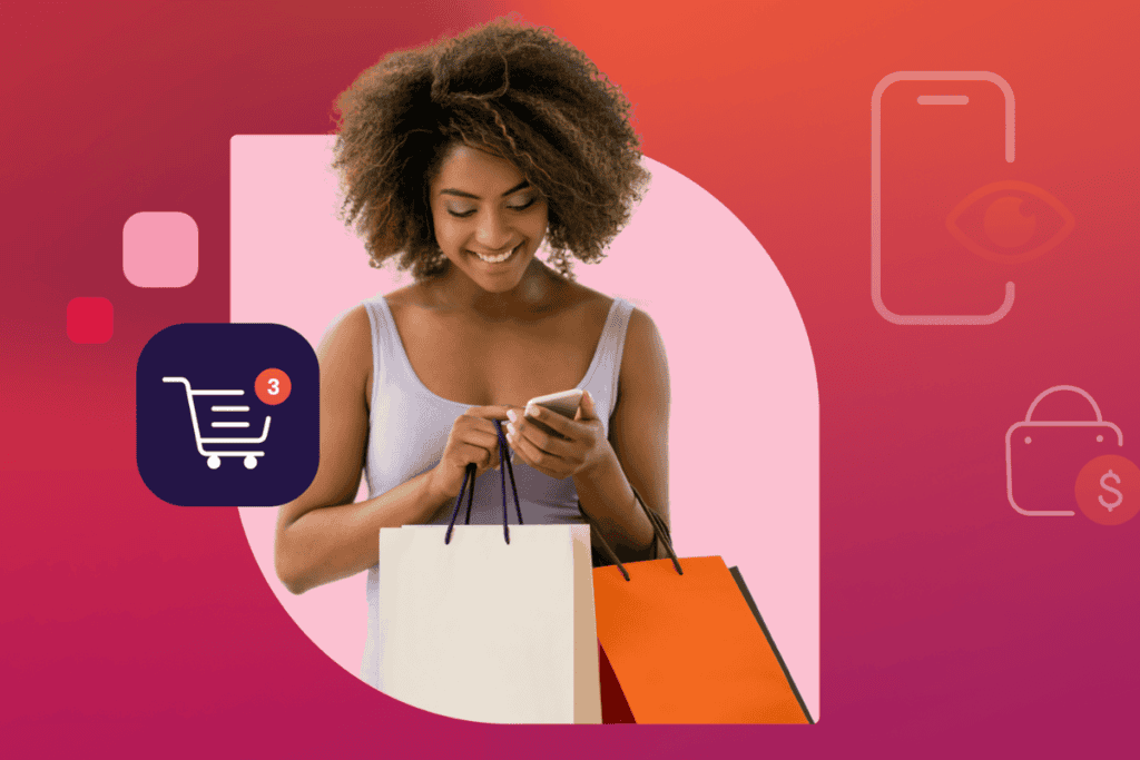 digital turbine'ın hazırladığı makale "Ramazan Ayında Markalara Etkileşim Mobil Oyun Üzerinden Gelecek" için kapak resmi genç bir kadının alışveriş torbalarıyla telefona baktığını gösteriyor