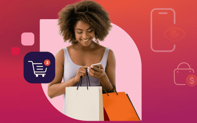 digital turbine'ın hazırladığı makale "Ramazan Ayında Markalara Etkileşim Mobil Oyun Üzerinden Gelecek" için kapak resmi genç bir kadının alışveriş torbalarıyla telefona baktığını gösteriyor