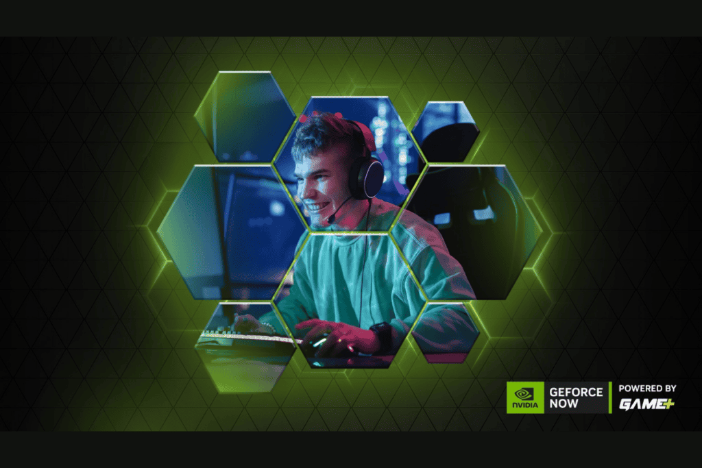 game+ geforce now reklam görseli 20'li yaşlarında bilgisayar başında oyun oynayan bir genci gösteriyor