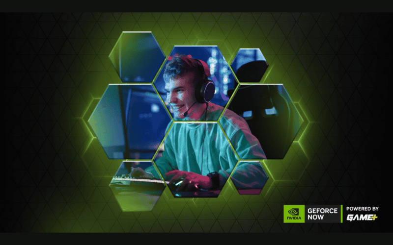game+ geforce now reklam görseli 20'li yaşlarında bilgisayar başında oyun oynayan bir genci gösteriyor