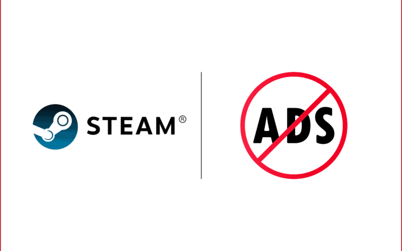 valve's steam logo on the left, vertical divider in the middle, and a "ads" logo with no entry line on top of it
