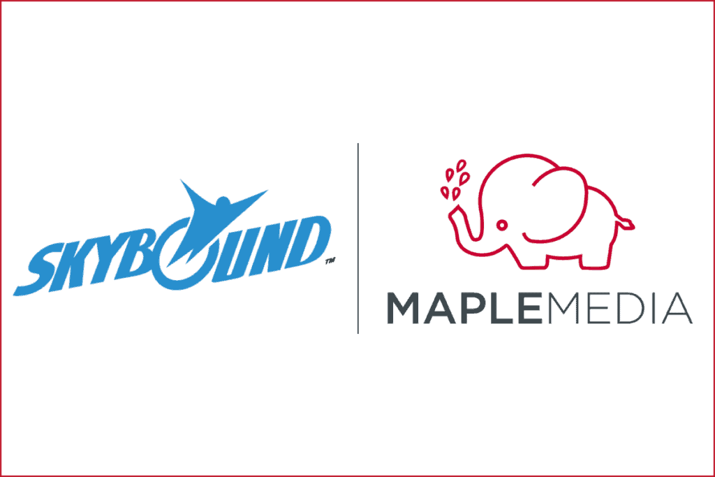skybound logo on the left, maple media logo on the right