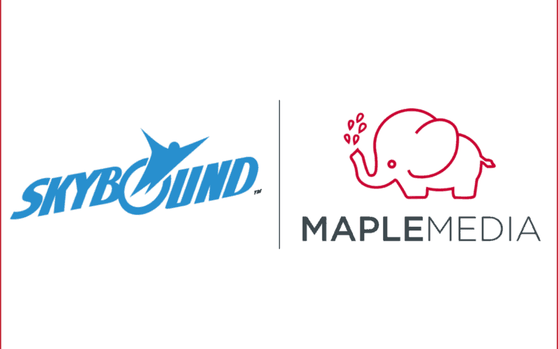 skybound logo on the left, maple media logo on the right
