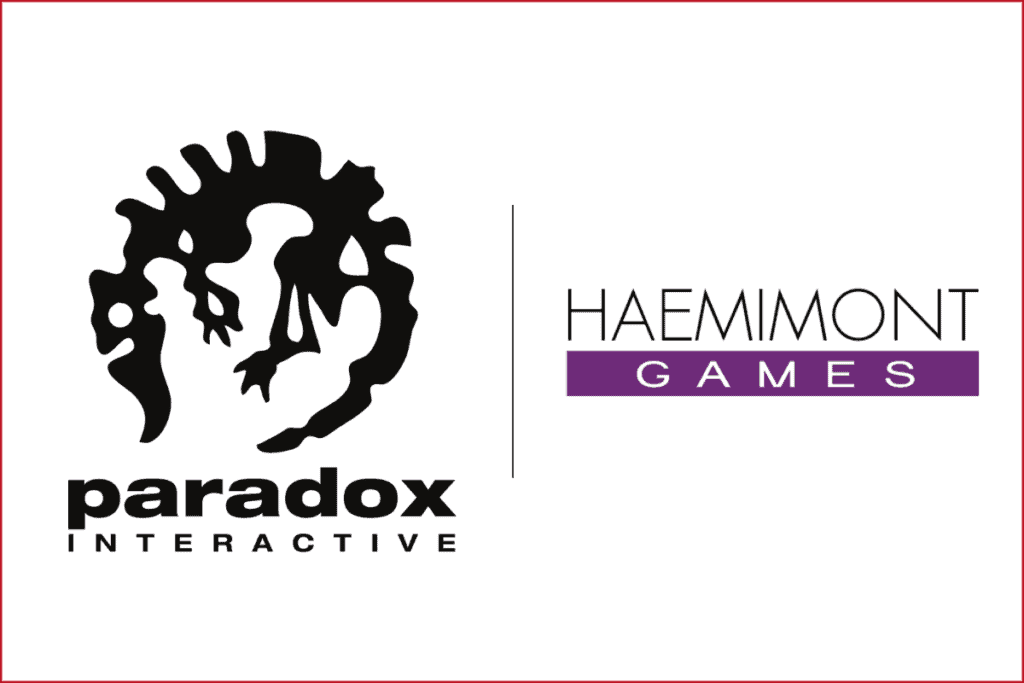paradox interactive logo on the left, haemimont games logo on the right