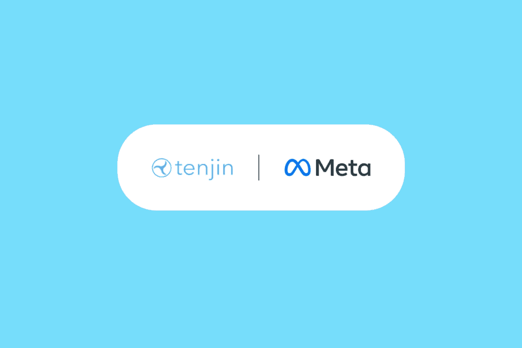 tenjin logo on the left, meta logo on the right inside a white bubble and blue background