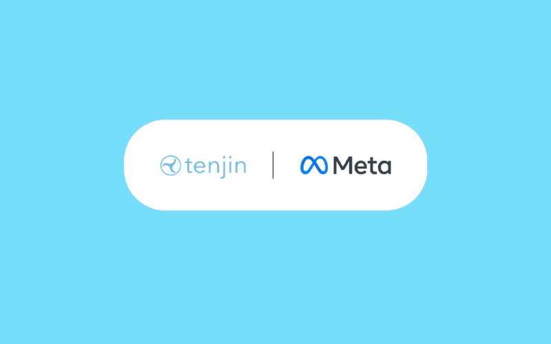 tenjin logo on the left, meta logo on the right inside a white bubble and blue background