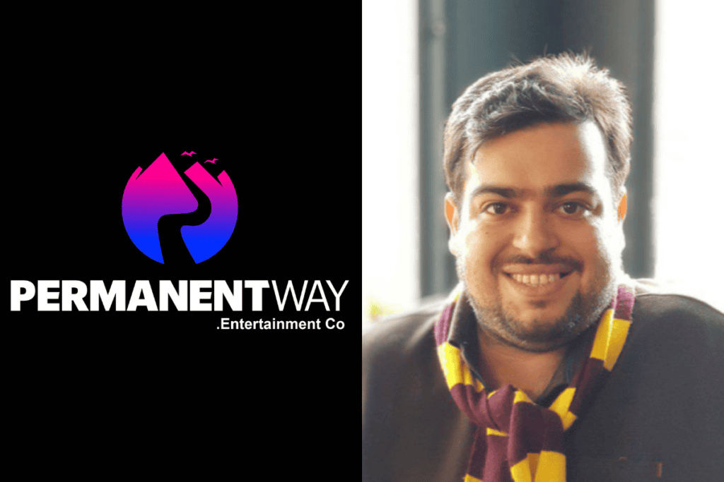 logo of permanent way entertainment on the left, photo of emad rahmani on the right