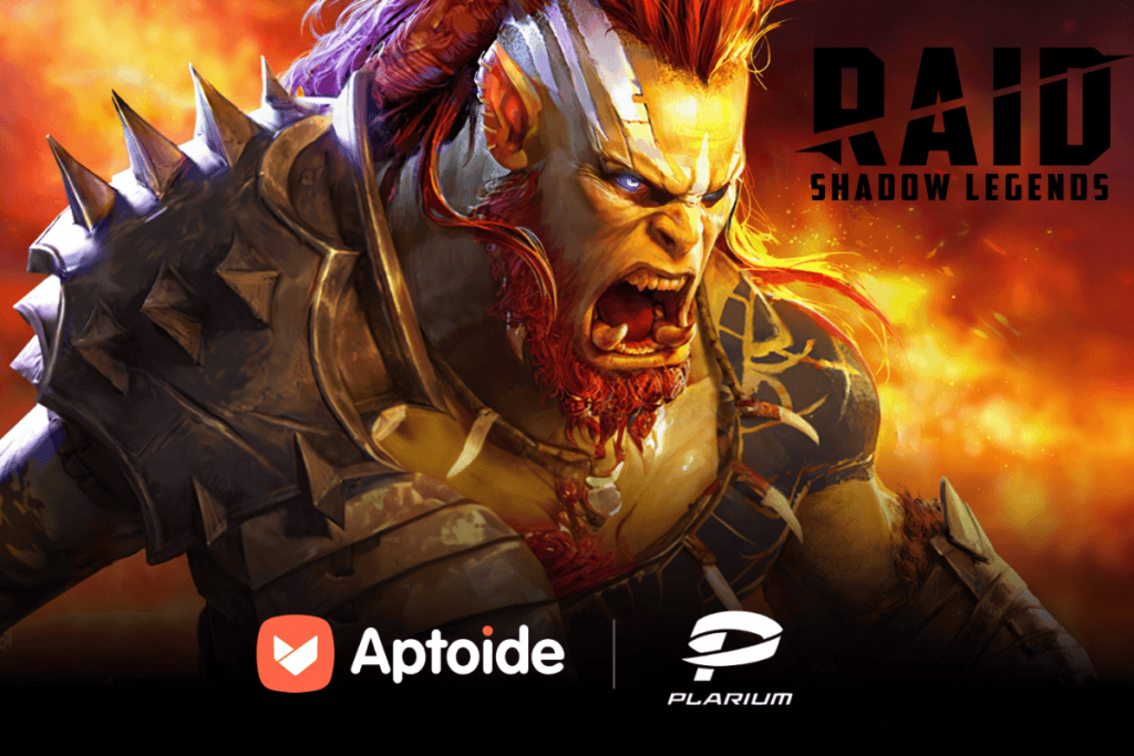 raid: shadow legends cover art with the game's logo on top right and aptoide x plarium logos at the bottom