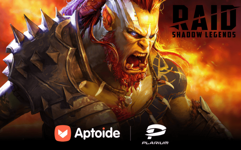 raid: shadow legends cover art with the game's logo on top right and aptoide x plarium logos at the bottom