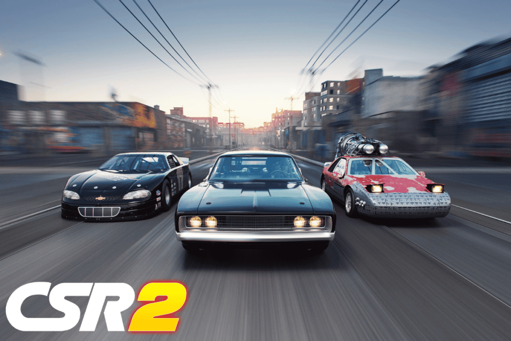 csr 2 logo on bottom left, with 3 cars from the fast & furious franchise in the streets