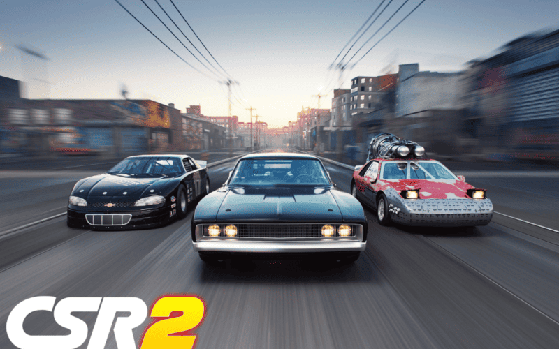 csr 2 logo on bottom left, with 3 cars from the fast & furious franchise in the streets