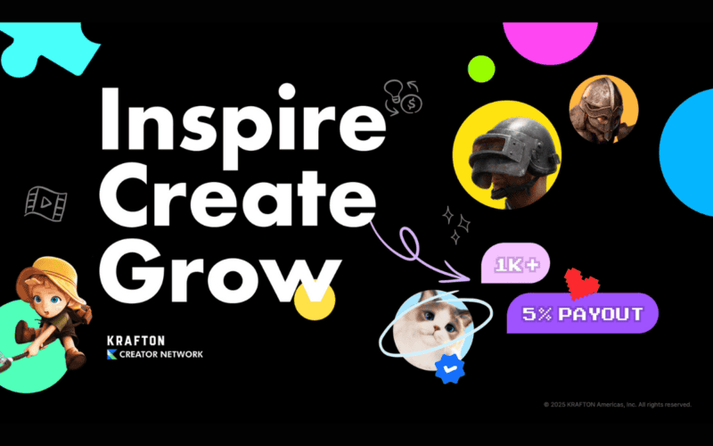 krafton creator network görseli, "inspire, create, grow" metni ve küçük renkli yuvarlak daireler içerisinde krafton oyunlarında yer alan karakterlerden oluşuyor