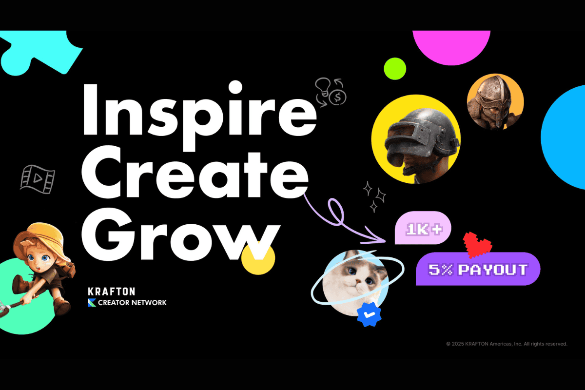 krafton creator network görseli, "inspire, create, grow" metni ve küçük renkli yuvarlak daireler içerisinde krafton oyunlarında yer alan karakterlerden oluşuyor