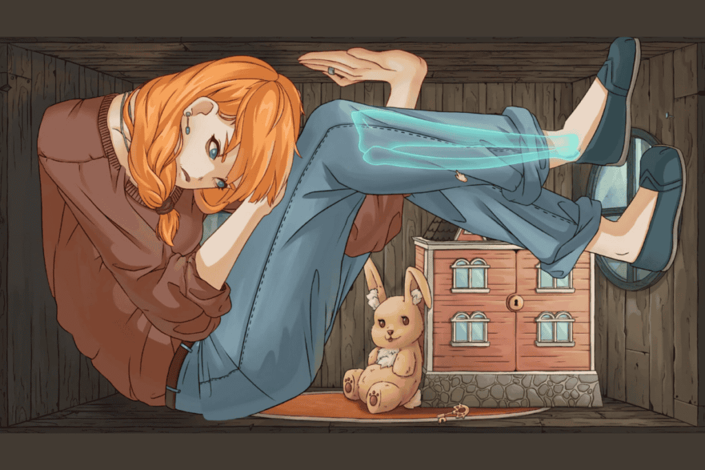 gameplay screenshot from the game "leila" shows an illustration of a woman stuck in a box. The woman looks like a giant as a small house is also inside the box with her